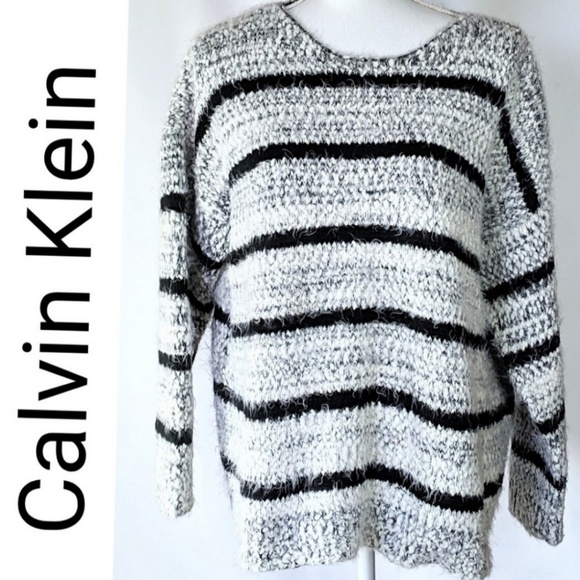 Calvin Klein fuzzy black white grey stripe sweater - Picture 3 of 4